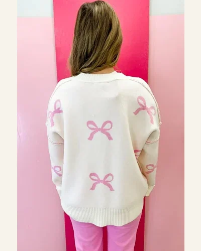Casual Pink Bow Ribbed Trim Drop Shoulder Loose Sweater, view 2