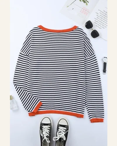 Pullover Sweater Tops Casual Contrast Trimmed Striped Drop, view 3