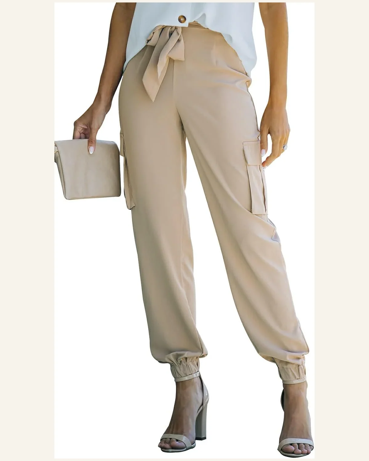 Pants Casual Khaki Side Pockets Slim Fit Knotted by SELINK