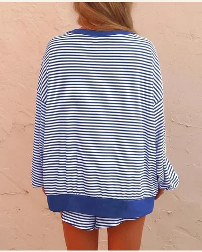 2 Piece Striped Shorts Sets Casual Loungewear Fall, view 2