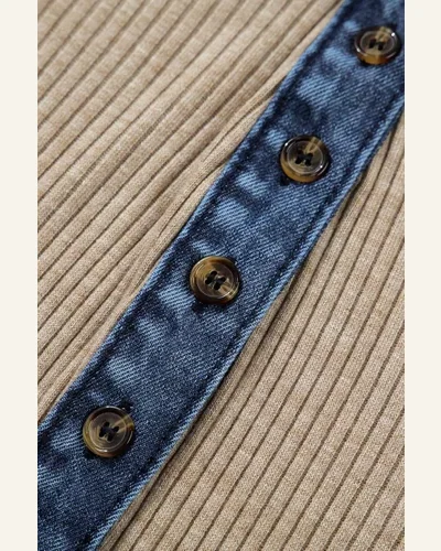 Denim Patchwork Ribbed Knit Button Long Sleeve Top, view 2