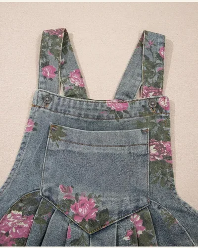 Floral Print Pleated High Waist Wide Leg Overalls, view 4