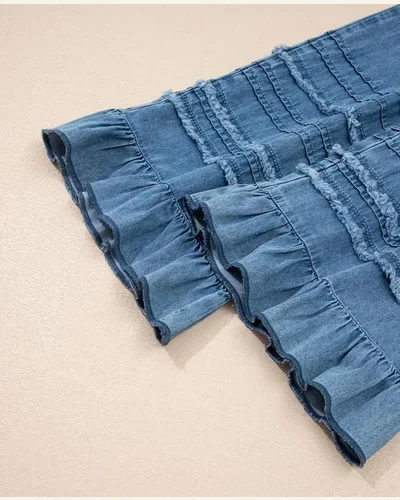 Wide Leg Jeans Tiered Ruffle Hem Cropped Elastic, view 3
