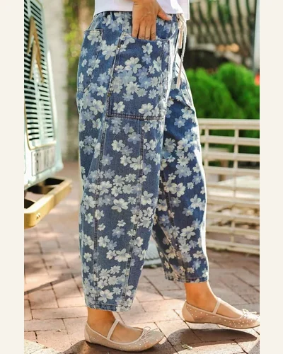 High Waisted Jeans Casual Sky Blue Dainty Floral, view 2