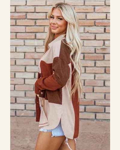 Shacket Jacket Casual Cinnamon Colorblock Curved Hem Corduroy, view 3