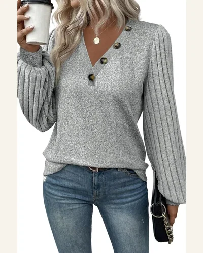 Tunic Tops Casual Light Grey Buttoned V Neck, view 1