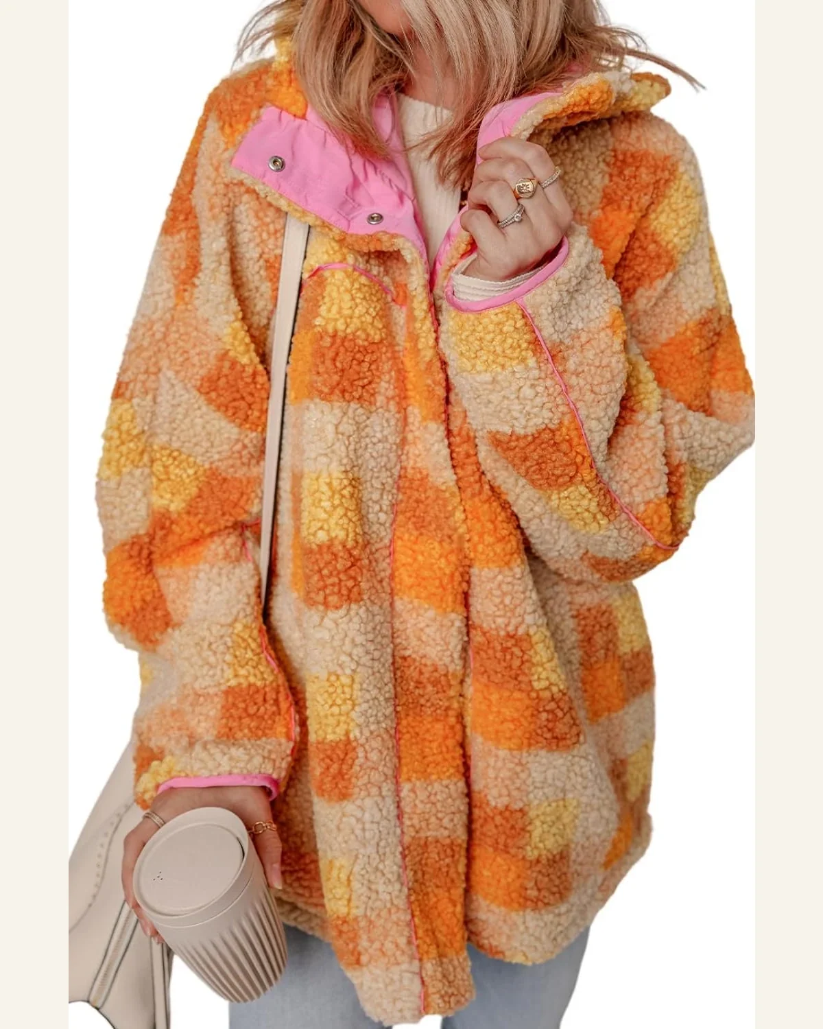Shacket Jacket Casual Orange Checkered Sherpa Hooded Jacket by SELINK
