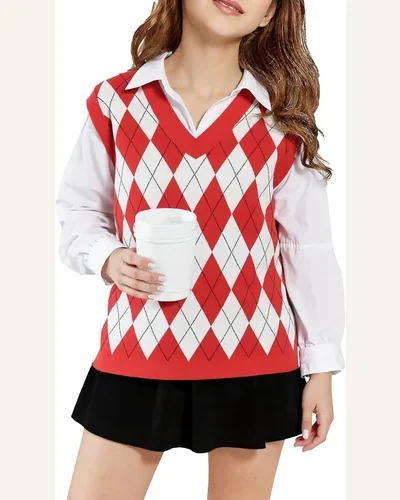 Boys Girls V Neck Argyle Knit School Uniform Top, view 4