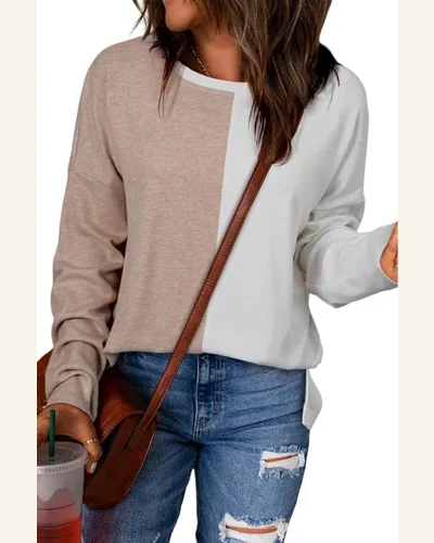 Tunic Tops Casual Khaki Colorblock Long Sleeve Crew, view 1