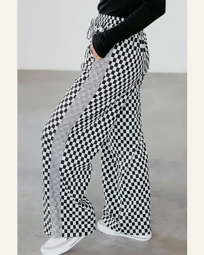 Casual White Checkerboard Pants Drawstring Elastic Waist Pants, view 3