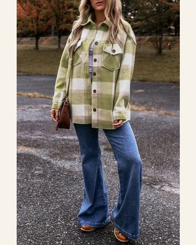 Shacket Jacket Casual Sage Green Plaid Print Buttoned, view 4