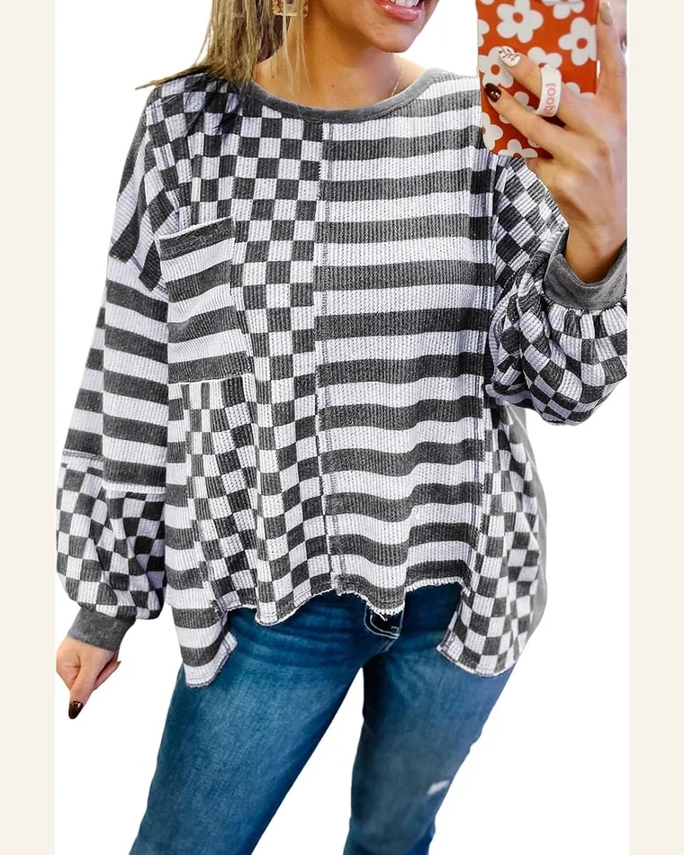 Long Sleeve Shirts Checkerboard Striped Patchwork Lantern Sleeve by SELINK