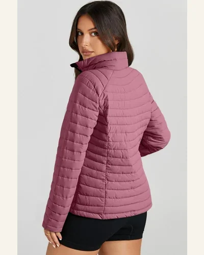 Shacket Jacket Casual Burgundy Solid Color Quilted Zip-up, view 2