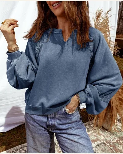 Cropped Sweatshirts Lace Crochet Vintage Long Sleeve Tops, view 3