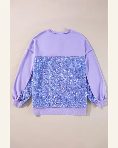 Casual Lilac Sequin Patchwork High Low Hem Henley Top, view 4