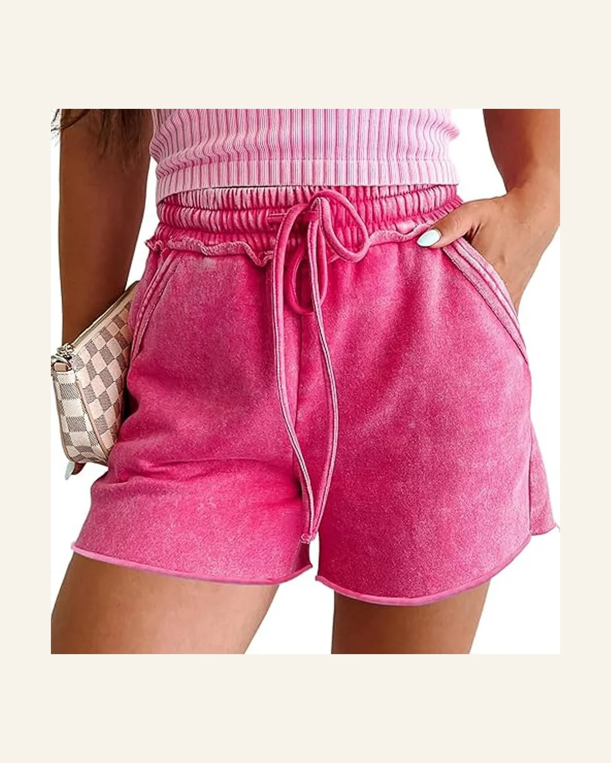 Casual Rose Red Mineral Washed Drawstring Elastic Waist Shorts by SELINK
