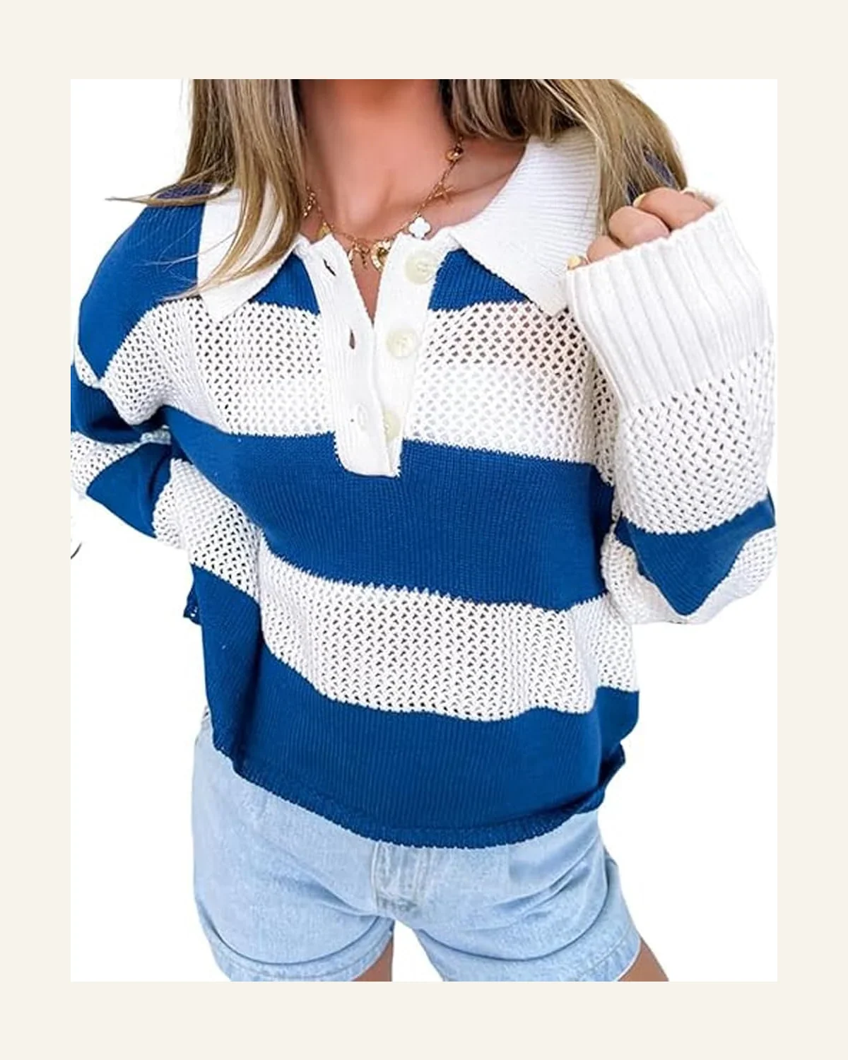 Casual Colorblock Pullover Sweater Tops Blue Stripe Polo by SELINK