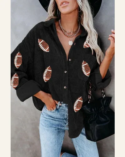 Shacket Jacket Casual Black Sequin Rugby Pattern Buttoned, view 2