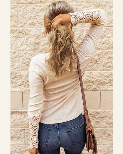 Tunic Tops Casual Beige Crochet Lace Hem Sleeve, view 2