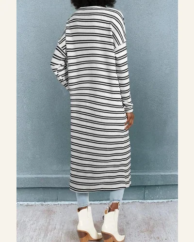 Cardigan Sweater Casual Black Stripe Print Open Front, view 2
