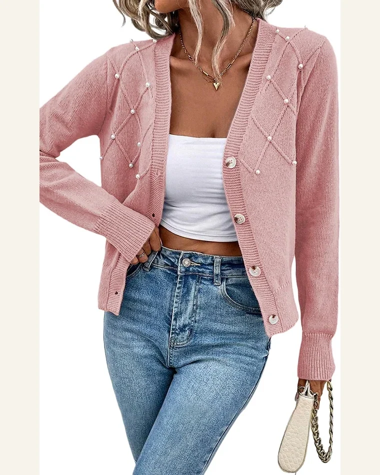 Cardigan Sweater Elegant Sepia Rose Textured Knit Pearl by SELINK