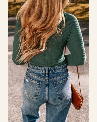 Bodysuit Elegant Blackish Green Waffle Knit Slim Fit, view 2
