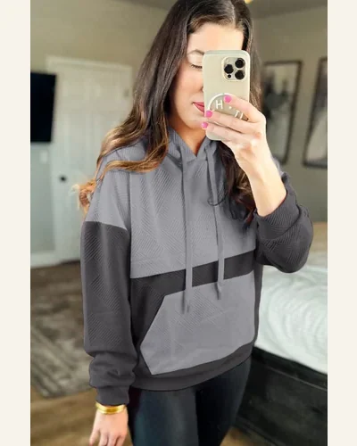 Casual Textured Color Block Kangaroo Pocket Drop Shoulder Sweatshirt, view 3