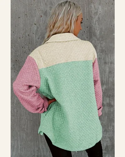 Shacket Jacket Casual Green Color Block Patchwork Flap, view 2