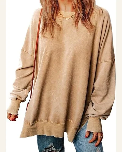 Casual Khaki Drop Shoulder Ribbed Trim Oversized Sweatshirts, view 1