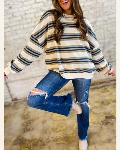 Oversized Sweatshirt Striped Crewneck Long Sleeve Shirts Casual, view 2