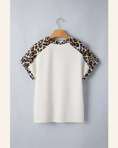 Leopard Patchwork Half Button Short Sleeve T-Shirt, view 4