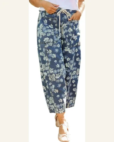 High Waisted Jeans Casual Sky Blue Dainty Floral, view 1