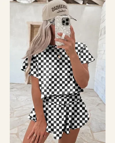Casual Checkerboard Tracksuit T Shirt and High Waist, view 2