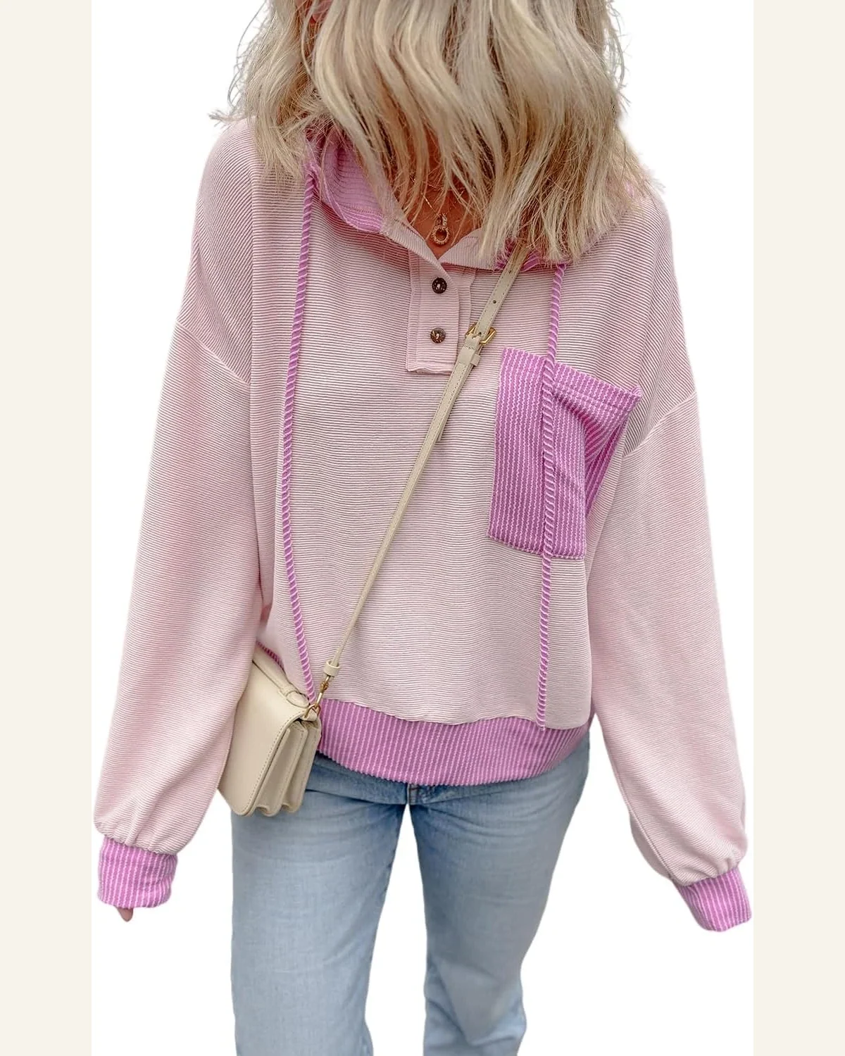 Tunic Tops Casual Light Pink Corded Colorblock Patch by SELINK