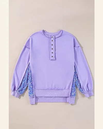 Casual Lilac Sequin Patchwork High Low Hem Henley Top, view 3