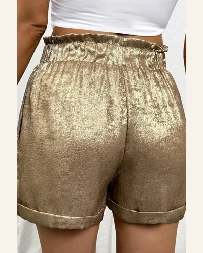 Casual Gold Metallic Luster Tie Elastic Waist Shorts, view 2