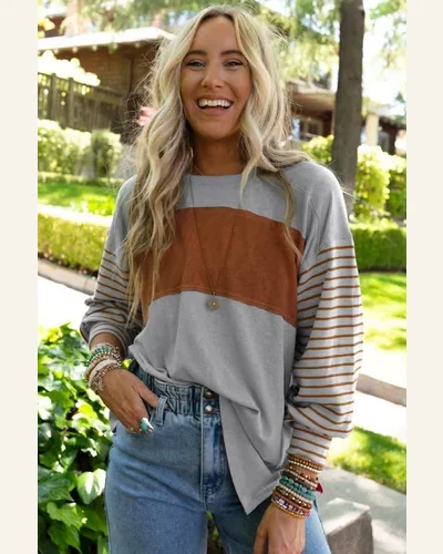 Tunic Tops Casual Gray Colorblock Striped Bishop Sleeve, view 3