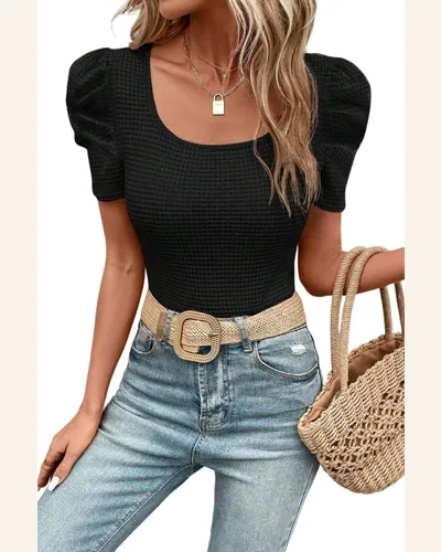Short Sleeve T Shirt Elegant Black Waffle Knit, view 1