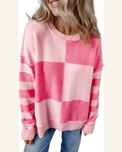 Casual Pink Checkered Colorblock Striped Loose Pullover Sweater, view 1
