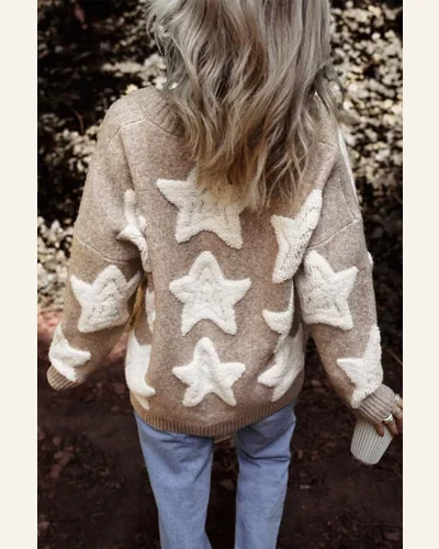 Cardigan Sweater Casual Khaki Sherpa Star Pattern Textured, view 2