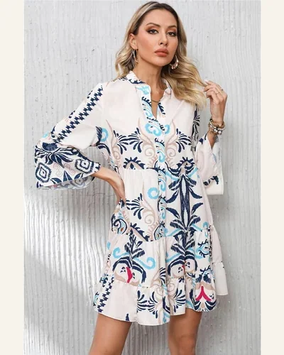 Summer Midi Dress V Neck Tribal Print Bracelet, view 3
