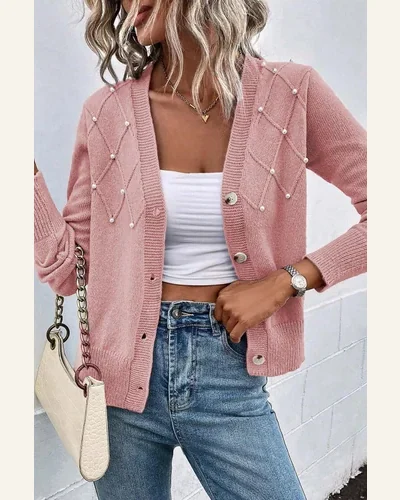 Cardigan Sweater Elegant Sepia Rose Textured Knit Pearl, view 3