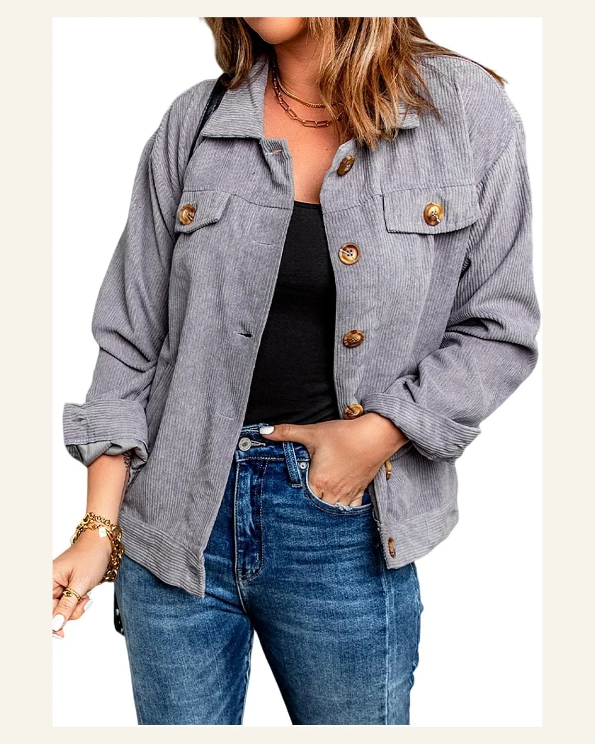 Shacket Jacket Gray Ribbed Corduroy Long Sleeve Jacket by SELINK