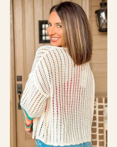 Casual White Color Block Hollow Out Cardigan Sweater, view 2