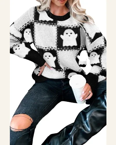 Casual Black Halloween Ghost Pullover Sweater Tops Checkered, view 4