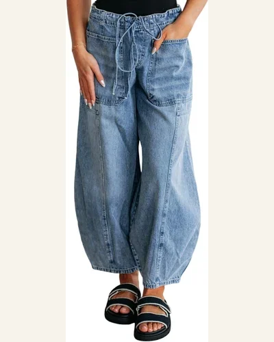 Casual High Waisted Jeans Pocket Drawstring Paperbag Waist, view 1