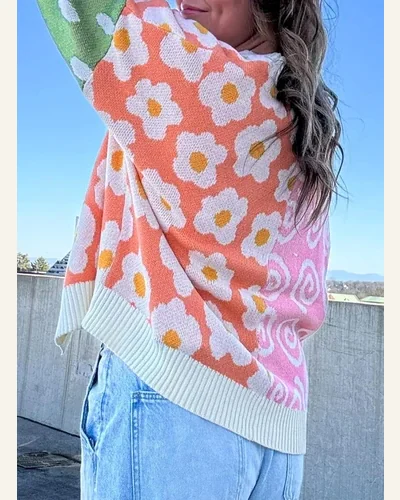 Cardigan Sweater Casual Orange Flower & Dotted Mixed, view 2