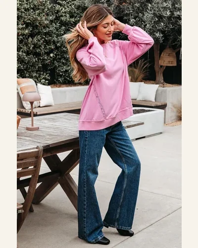 Casual Bright Pink Loose Fit Sweatshirts Lace Patched, view 4