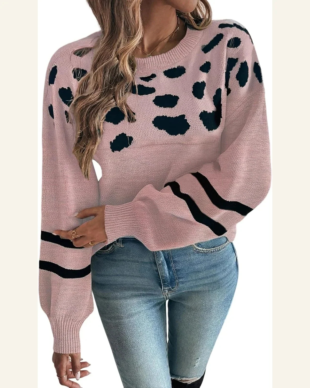 Casual Pink Leopard Striped Pullover Sweater Tops Detail by SELINK