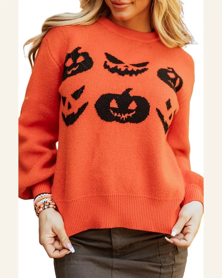 Casual Orange Halloween Pumpkin Face Pattern Pullover Sweater by SELINK